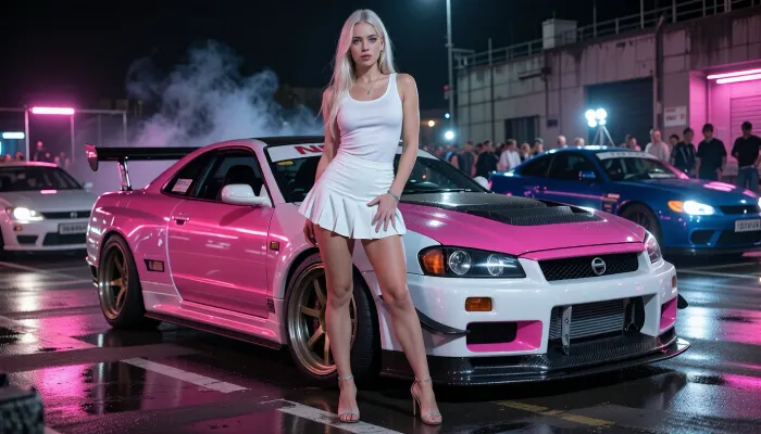 Photorealistic cinematic full-body portrait of a beautiful Danish Scandinavian female street racer in her mid-20s standing confidently in front of her heavily modified Nissan Skyline GT-R at an illegal nighttime street racing event. She has long platinum-blonde hair, striking blue eyes, fair Nordic skin, athletic feminine build, self-assured slightly rebellious expression. She wears a tight fitted white tank top, low-rise pleated mini skirt sitting loosely on her hips, stiletto pumps, subtle silver jewelry.

Behind her is her personal highly tuned Nissan Skyline GT-R, aggressive Japanese tuner build, widebody kit, lowered suspension, large performance wheels, low-profile tires, huge intercooler, racing brakes, carbon-fiber details, aerodynamic front splitter and rear wing. Distinctive custom two-tone paint scheme, vivid hot pink and clean pearl white, glossy finish reflecting the surrounding neon lights. The car looks genuinely race-prepared rather than a showroom display.

Nighttime underground street racing meet in an industrial district, wet asphalt reflecting pink, blue and white neon, modified Japanese performance cars and small groups of racers in the background, headlights, faint tire smoke, portable work lights, energetic crowd atmosphere. She stands directly in front of her GT-R as if waiting for her race to be called, relaxed but focused, one hand casually resting near her cargo pocket, unmistakable owner-and-driver body language.

Low cinematic camera angle, 35mm automotive photography, shallow depth of field, realistic skin texture, realistic fabric folds, detailed platinum hair, accurate human anatomy, dramatic neon rim lighting, soft reflections across the car body, subtle atmospheric haze, gritty late-night street racing aesthetic, high-end editorial automotive photography, natural proportions, highly detailed, realistic, cinematic.