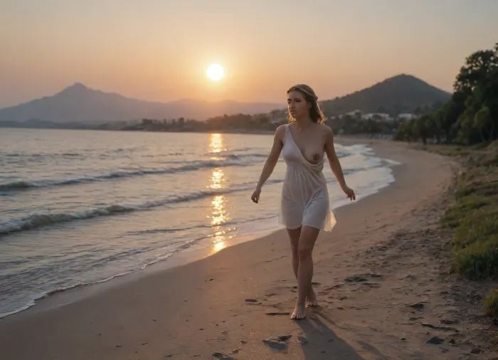 best quality, hd photo quality, realistic image.

young greek golden blonde wearing only white sheer chiton, one shoulder revealed, (one breast out:1.4), barefoot, running down seaside beach near olives woods, mountains on horizon, (ancient greek chiton), ancient greek setting, ancient greek beauty standards, early morning, sunrise, sun barely appeared of sea