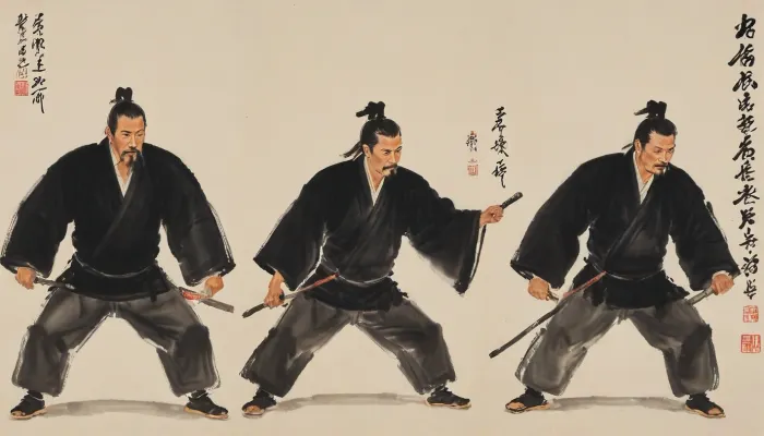 Three samurai warriors, portrayed with the artistic essence of Qi Baishi's renowned brushwork, near a small ancient Japanse city, three samurai warriors, dressed in full battle attire, are training, Qi Baishi's signature style brings out in each of the warriors faces and attire. The warriors are captured in traditional fighting poses. The overall scene carries a sense of whimsy and an appreciation for the beauty in everyday life, style, of, Qi, Baishi, baishi, <lora:tbh170-sdxl:2>, <lora:baishi_xl_0_-000004:2>
