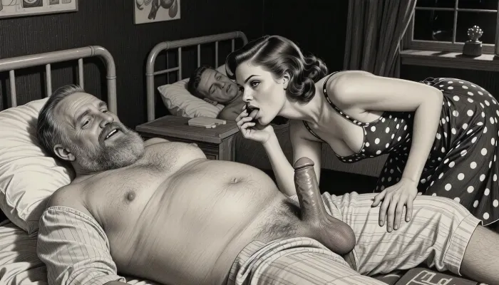 This is is a detailed monochromatic pencil drawing in a classical illustrative style depicts a scene set in USSR, in 1950s, In a hospital at night, in a darkened hospital room, a Obese ugly hairy bearded Caucasian old man lies on a bed in hospital pajamas .lustful mocking smile man's ugly face, Other patients sleep in the same room. His penis protrudes from his hospital pajamas, his large, full testicles visible. A beautiful Russian brown elegant hairstyle curvy mother, she is wearing in polka dot sundress, stands beside him, her eyes wide and her expression very seductive. She holds his penis in hand, leans down, and sucks it intensely. blowjob, His hand on her head. Side lighting creates a dark and sexual atmosphere., The overall mood is intense, rendered in fine, expressive line work and subtle shading, evoking the style of 1950s satirical or moralistic illustrations.