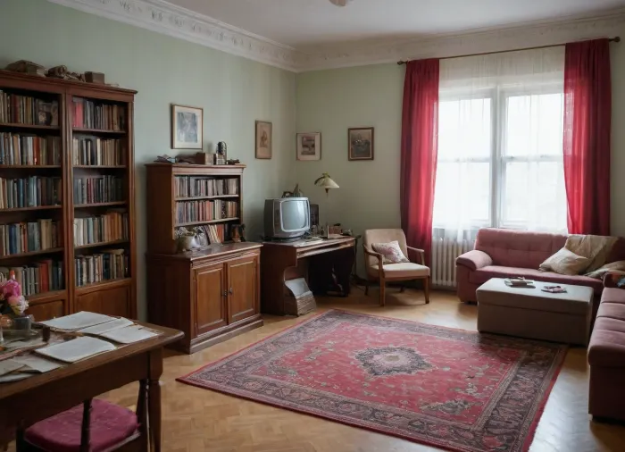 An ordinary cramped room in vintage Soviet style, no doubt girlish, a carpet on the floor, (the room isn't bihger than a standard carpet), a sofa on the left, a painting on the wall above the sofa, a teddy bear on the sofa, a desk under an open window, a tulle curtain on the window, a stack of textbooks and a desk lamp on the desk, hanging bookshelves on the right wall, several books, souvenirs and a small vase with flowers on the shelves, vintage entourage of the USSR era of the 1970s.