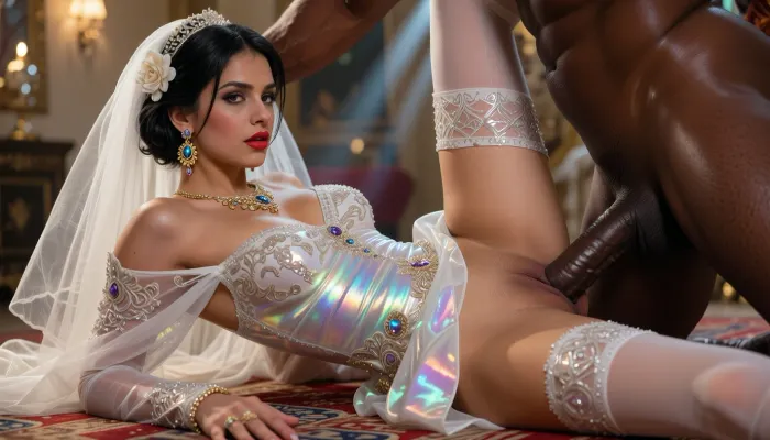 White Persian milf interracial, black hair, wedding dress with veil, interracial, interracial sex, black Dick fucking pussy, big tall muscular black man, red lipstick, stockings, hourglass figure, natural skin texture, hyperrealism, jewelry, ornate gold earrings, precious gems, flower, short hair, detailed hair, beautiful faces, detailed face, beautiful eyes, detailed iris, detailed eyes, high quality photo, complementary colours tulle cape, ornate shiny body paint, fluorescent erotic, breathtaking beauty, pure perfection, peaceful, sensual, seductive, bokeh, Lying on the floor, In Tehran City, iridescent and luminescent scales, warm ambient light, fantasy, dramatic, shadows, nostalgia, rays of the sun, blissful, radiant, clear focus, divine presence, unforgettable, impressive, Three-dimensional light, auras, rays, bright reflections of colors, neon atmosphere, intricate complexity, photorealistic cinematic lighting, a masterpiece, neon lights, dim volumetric lighting, 8k octane beautifully detailed render, post-processing, extremely hyper detailed, realistic, short black hair, extremely long hair, slender erected tits, elastic tits, doggystyle sex, fucked from behind, side view