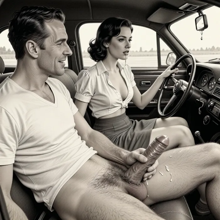 This is a detailed monochromatic pencil drawing in a classical illustrative style depicts a scene set after blowjob in 1950s, (an elegant 40-year-old man in passenger seat receiving handjob by Beautiful sexy jet-black elegant hairstyle woman in driver seat), lustful smile, focused on hairy scrotum, 30yo woman in driver seat is helping man dilf cum, precum, dripping man dilf's cocks, (((woman with hourglass figure, she is wearing in an open blouse and a skirt, (wide hips)))), (the man one hand grops woman's hip), undersides of penis, ((a woman looks at a man's massive penis)), dimly lit, massive penis, sitting in car, receiving handjob, v neck t shirt pulled up, ((pubic hair:1.7)), ((scene after blowjob:1.5)), cum on woman's lips, sweatpants pulled down, masturbation, hairy scrotum. The overall mood is intense, rendered in fine, expressive line work and subtle shading, evoking the style of 1950s satirical or moralistic illustrations.
