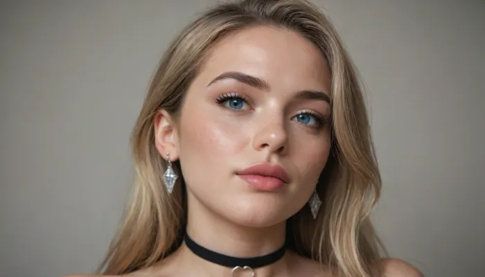 beautiful face, sharp high cheekbones, sharp jawline, pointed chin
deep-blue eyes, subtle charcoal-gray eyeshadow, sharp thin black tightlining, long black eyelashes, soft medium-thin deep-brown eyebrows
full plump lips, glossy nude-pink lipstick
long straight blonde hair
long triangular crystal earrings, choker