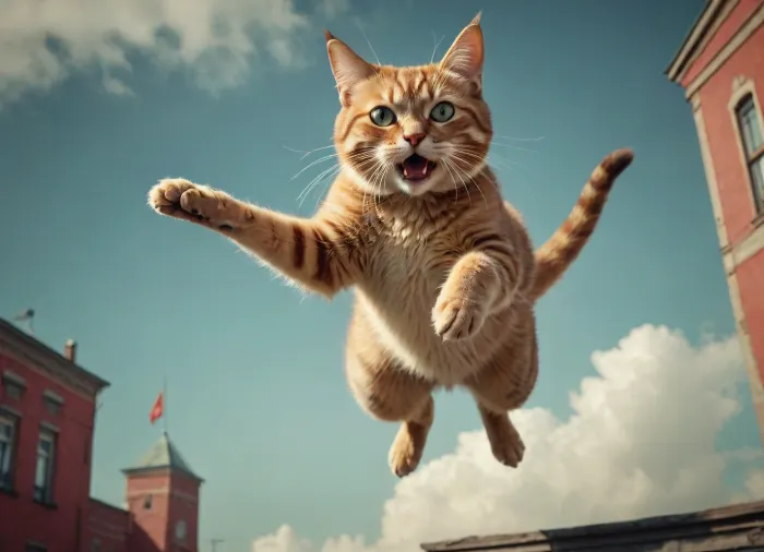stylized image in style of soviet agitation poster, side view of jumping cat