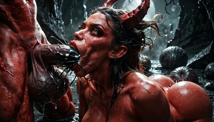 Hell, ((a very old devil woman is performing a deepthroat on a giant demon)), devil, horns, Large natural breasts, (wrinkled face), bubble butt, (deepthroat:1.2), (bouncing balls:1.4), cock with veins, (black cum:1.3), red water, Big eyes, Seductress, Wet hair, hundred candles, large distant view, FRESHIDEAS, Devil, girl, Red, Skin, demon, Black, wings, monster, creature, <lora:dark:1.1>, <lora:FRESHIDEAS Devil girl:1.2>, <lora:demonXL:1.5>