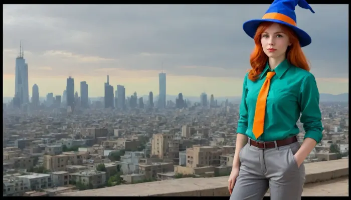 ((in avant‑garde painting style), (pop-art style), (cartoon style), (comix style)), short cheerful red-haired freckled girl, (boyish figure), blue wide-brimmed pointed hat, green oversized men's shirt, men's long wide orange tie, gray oversized men's wide trousers with turned-up legs and belted with leather belt, yellow shoes, clothes clearly from someone else's shoulder, around dull almost moon-like landscape to the horizon, gray rocks and gray sand under a pale yellow sky, huge ominous skyscrapers and towers of a cyberpunk-style city on horizon, the bright appearance of the girl contrasts with the gray-pastel range of the surroundings and the gloomy dark perspective of the city, sun or other light sources are not visible, lighting is even almost without shadows, girl stands on right side of frame sideways to viewer, half-turned, thoughtfully looking at city, view from aside.

side view, outside city, grey rocky desert, city on horizon, yellow sky, no sun, may be alien planet, girl drawn in very bright neon colors, hard contrast colors, (orange tie:1.4), (grey trousers:1.4), (green shirt:1.5), (blue witch-style hat:1.5), (single:1.7), (solo:1.7), (whole body visible:1.7)