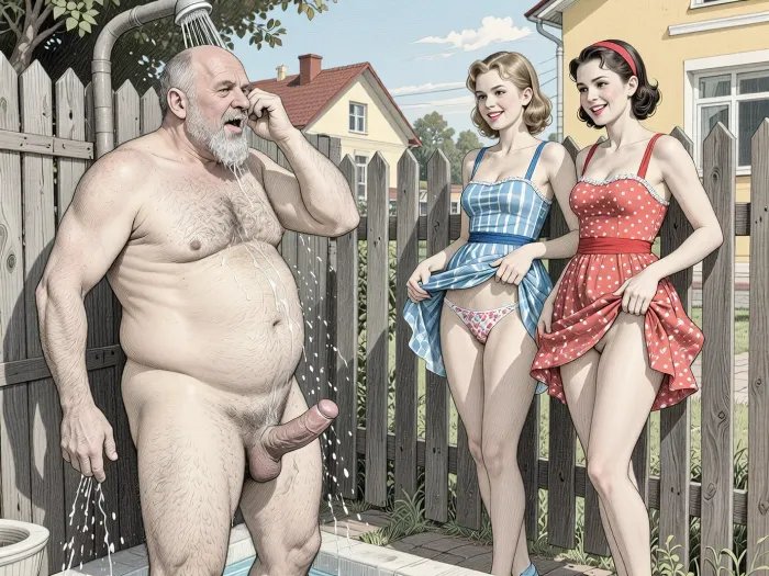 This is is a detailed monochromatic pencil drawing in a classical illustrative style depicts a scene set in USSR in 1950s, bright, colorful colors, the suburban area is divided by a fence, on one side of the fence a naked hairy obese old man with a flaccid penis is washing in the summer shower, on the other side of the fence 2 very beautiful nice skinny girls with seductive faces in summer sundresses are watching him, The girls lifted up the hems of their sundress, their panties are visible, Vulgar smiles on the girls' faces, The overall mood is intense, rendered in fine, expressive line work and subtle shading, evoking the style of 1950s satirical or moralistic illustrations.