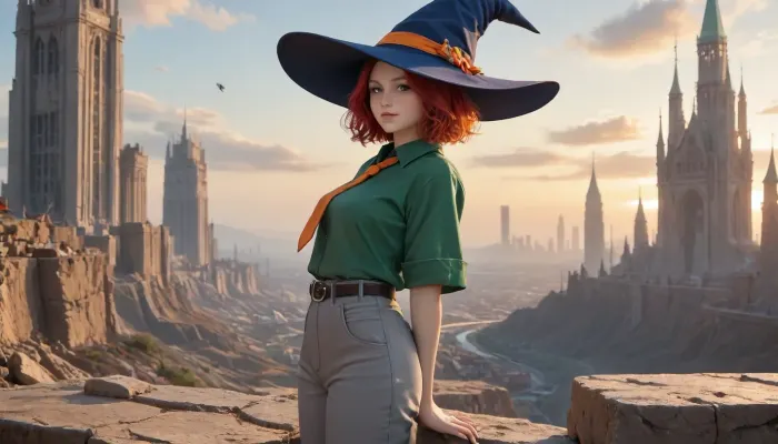 ((in avant‑garde painting style), (cartoon style), (comix style)), short cheerful red-haired freckled girl, (boyish figure), blue wide-brimmed pointed hat, green oversized men's shirt, men's long wide orange tie, gray oversized men's wide trousers with turned-up legs and belted with leather belt, yellow shoes, clothes clearly from someone else's shoulder, around dull almost moon-like landscape to the horizon, gray rocks and gray sand under a pale yellow sky, huge ominous skyscrapers and towers of a cyberpunk-style city on the horizon, the bright appearance of the girl contrasts with the gray-pastel range of the surroundings and the gloomy dark perspective of the city, sun or other light sources are not visible, lighting is even almost without shadows, girl stands on right side of frame sideways to viewer, half-turned, thoughtfully looking at city, view from aside.

side view, (orange tie:1.4), (grey trousers:1.4), (green shirt:1.5), (blue witch-style hat:1.4), (single:1.7), (solo:1.7), hard contrast image, (whole body visible)