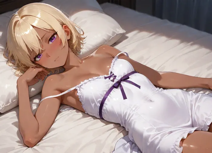 (blond short hair), (skinny), (dark skin girl), (purple eyes), <lora:Tan_Pokemon_Anime_style_girl:.8>, <lora:aesthetic_anime_v1s:.8>, the girl is lying down on her stomach on her bed, she wears a colorful princess dress, lying on belly, both dress's straps slip off both shoulders, small breasts, she is ashamed, shy and blushing