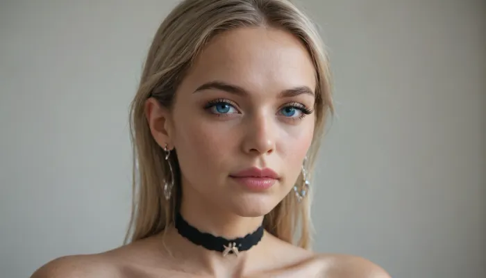 beautiful face, (sharp high cheekbones, sharp jawline, pointed chin:1.3), deep-blue eyes, subtle charcoal-gray eyeshadow, sharp thin black tightlining, long black eyelashes, soft medium-thin deep-brown eyebrows
full plump lips, glossy nude-pink lipstick
long straight blonde hair
long triangular crystal earrings, choker
