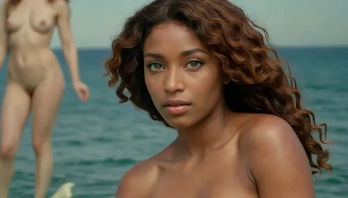 the birth of venus by botticelli with a beautiful naked black actress substituting the venus figure, <lora:Portrait_perfection:.8>, green, eyes, blue, brown, perfecteyes, <lora:PerfectEyesXL:.8>