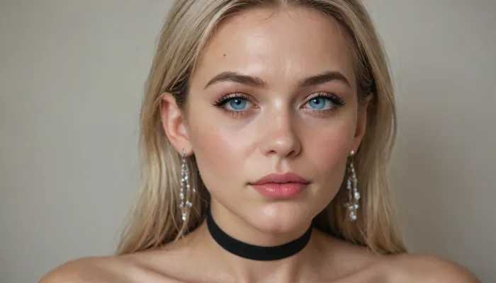 beautiful face, (sharp high cheekbones, sharp wide jawline, pointed chin:1.3), deep-blue eyes, subtle charcoal-gray eyeshadow, sharp thin black tightlining, long black eyelashes, soft medium-thin deep-brown eyebrows
full plump lips, glossy nude-pink lipstick
long straight blonde hair
long triangular crystal earrings, choker

legs spread wide