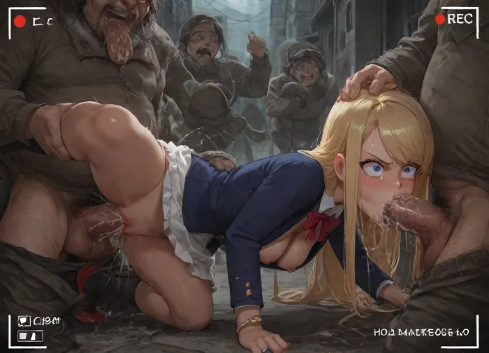 From side, Nsfw, gangbang, enf, perfect face, young face, holding head, grabbing ass, (excessive doggy style sex:1.3), (fighting pose:1.3), masterpiece, big eyes, (wide-eyed), young French girl, (the girl is 18 Years old French girl dressed in no panties and white skirt and Navy blue blazer and white shirt and red bow tie and Black socks and red shoes and Silver ring bracelet), (smegma in mouth:1.5), (nipple:1.2), medium breast, blue eyes, (blonde hair:1.3), (forehead:1.3), (swept bangs:1.4), long hair, (natural straight hair:1.3), blushing, leg up, (angry:1.4), (orgasm:1.3), (crying:1.2), open mouth, shouting, French face, furrowed brow, (medium breast), walking, long shot, city street, (recording:1.2), (homeless man:1.6), (homeless oldmen crowd:1.4), (the girl is excessive blowjob penis:1.5), grabbing penis, scared Up skirt, (the smiling homeless man is dressed suit:1.3), (homeless man is excessive forced sex:1.3), (excessive deep throat:1.4)