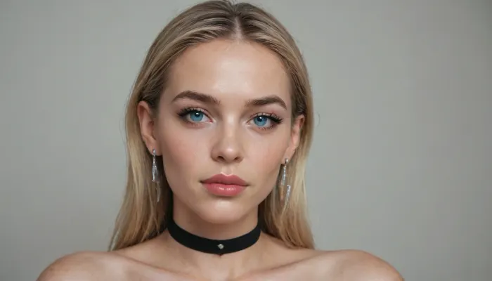 beautiful face, (sharp high cheekbones, sharp wide jawline, pointed chin:1.3), deep-blue eyes, subtle charcoal-gray eyeshadow, sharp thin black tightlining, long black eyelashes, soft medium-thin deep-brown eyebrows
full plump lips, glossy nude-pink lipstick
long straight blonde hair
long triangular crystal earrings, choker