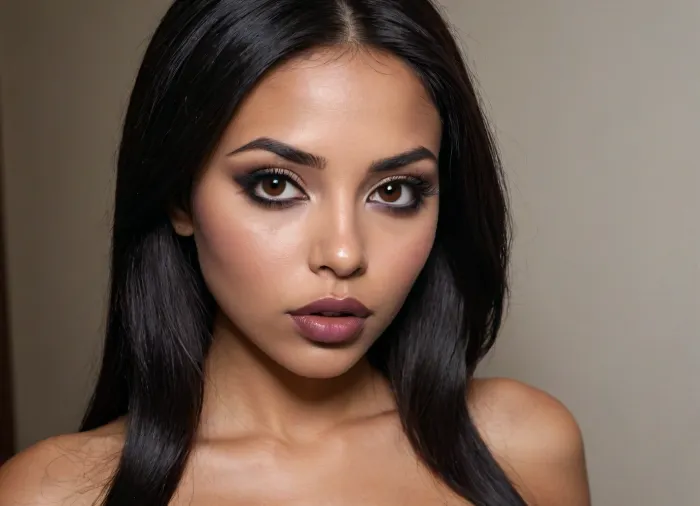 a modern photo of a nude latin woman, round shape face, dark skin, big lips, goth make up, goth, brown lipstick, button little nose, latin skin, big eyes, black eyes, long straight hairs, black hairs, beautiful face, nude, big tits, entire tits, realistic, modern, intricate, masterpiece, sharp focus, dramatic, soft lighting, high res, <lora:Latin_girl:.8>