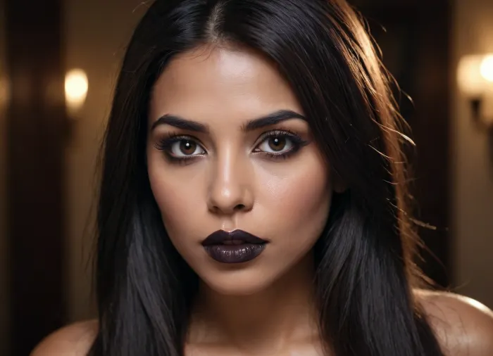 a modern photo of a latin woman, very dark skin, big lips, black lipstick, little nose, big eyes, long straight hairs, black hairs, beautiful face, realistic, retro, intricate, masterpiece, sharp focus, dramatic, award winning scene, soft lighting, film grain, high res