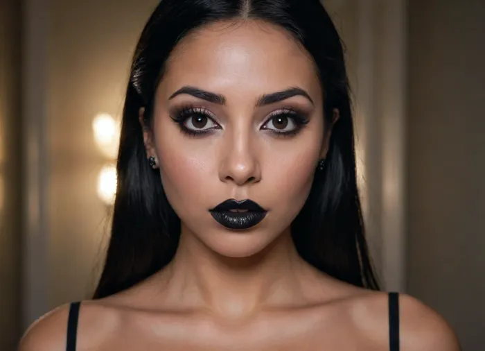 a modern photo of a latin woman, round face shape, dark skin, big lips, make up, goth, black lipstick, button nose, latin skin, big eyes, black eyes, long straight hairs, black hairs, beautiful face, big tits, realistic, modern, intricate, masterpiece, sharp focus, dramatic, soft lighting, high res