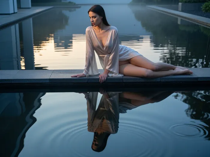 A highly symmetrical, cinematic portrait of a woman sitting gracefully on the edge of a perfectly still, mirror-like pond in a minimalist garden at dawn. The composition is split horizontally by the water's surface, creating a flawless specular reflection where the reflection of the woman becomes the central, grounding element of the image. The woman is wearing a flowing, ethereal silk tunic that drapes elegantly around her. She leans slightly forward, her gaze fixed intently on the water, with a profound, meditative expression of self-discovery and calm. The atmosphere is serene and misty, with soft, diffused morning light casting a ethereal glow. The color palette features deep, cool blues contrasted by delicate streaks of golden sunrise light brushing the surface of the water. Minimalist surroundings, clean geometric lines, high-resolution textures, hyper-realistic water surface with subtle, concentric circular ripples, cinematic depth of field, sharp focus on the woman’s features, 8k resolution, ultra-detailed, sharp facial details, artistic and tranquil mood.