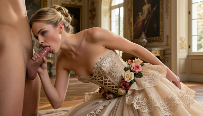masterpiece best quality, highres, (realistic skin texture:1.2), 28yo adult female, elegant blonde hair in a refined updo, wearing an opulent haute couture gown featuring an intricate lace-up corset bodice, clustered floral rose adornments on the right hip, and a voluminous tiered draped skirt with ornate lace trimming, primary biological male 35yo standing before her, [Anchor], kneeling on floor, lips thoroughly wrapped around thick veiny shaft, deep oral penetration, glistening saliva at the corners of the mouth, cheeks slightly hollowed from suction, focused gaze, opulent baroque drawing room background, soft golden hour sunlight filtering through tall windows, medium side-profile shot to capture dress detail and facial interface, 8k resolution, Kodak 35mm film, highly detailed fabric textures