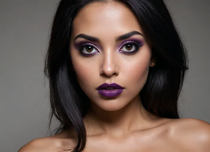 a modern photo of a latin woman, round shape face, dark skin, big lips, make up, goth, dark violet lipstick, button little nose, latin skin, big eyes, black eyes, long straight hairs, black hairs, beautiful face, nude, big tits, realistic, modern, intricate, masterpiece, sharp focus, dramatic, soft lighting, high res