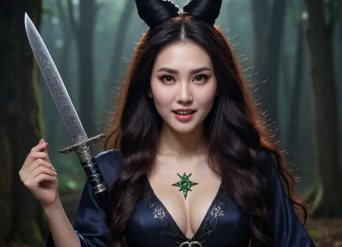 beautiful asian Witch in a luxury sexy Chinese dress, with a very deep neckline, very slim body, big plump breasts, shaved pussy, very long wavy flowing hair, bright green sneak eyes, lied in the center of the great pentagram, ready for dark ritual, legs wide apart, ((((in the hands of the witch is a ritual knife)))), on the witch's face is an expression of wild lust and happiness smile, scream in extasy, want to be sacrificed to Satan, side view