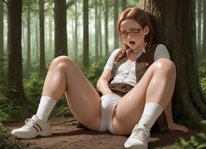 photorealistic, high quality, woman, (brown braids), freckles, glasses, flat chest, (plump:1.1), dirty, (vest, buttoned shirt, skirt, socks, sneakers), (white sports underwear), (hand in panties), (in forest), masturbating, screaming, orgasm, legs spread wide, (full body), (trembling:1)