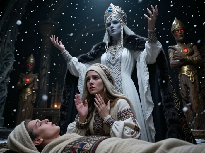 A masterpiece, of the highest quality, in the “dark fantasy” style, on a monumental scale. In the foreground is a mortal Slavic woman, kneeling in deep sorrow, dressed in an antique traditional folk costume, a patterned linen shirt, a heavy woolen coat, and a headdress known as a povoynik. Her hands are raised to her chest in a desperate gesture of supplication, and a tear rolls down her cheek. Before her lies the body of the deceased, wrapped in a traditional shroud. Morana, the ancient Slavic goddess of night, winter, and death, towers majestically above them, accepting their prayer. Morana is a monumental figure with pale skin, wearing a snow-white, heavy gown with silver geometric embroidery and long, flowing sleeves, as well as a rich dark cloak trimmed with thick dark fur. On her head she wears a magnificent kokoshnik, adorned with precious stones and long strands of pearls framing her face. Morana’s hands are raised to her waist, palms facing upward, as she accepts the prayer of a mortal woman. Heavy snowflakes fall slowly from the dark, starless sky. In the background, ancient wooden pagan idols with glowing red eyes are visible—the guardians of the entrance to Nav.