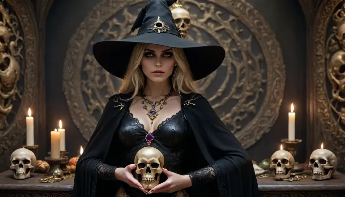 the witch with hat, ((sexy witch outfit:1)), lots of skin showing, black cape, blonde hair, jewelry, Necklace, Rings, on display skull, zcaster, <lora:Spellcaster_v4:1>