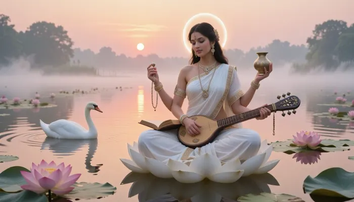 A stunningly beautiful and serene portrait of Saraswati at a tranquil lotus lake during sunrise. She sits gracefully upon a large white lotus floating on still water, surrounded by blooming lotus flowers and soft morning mist. Saraswati is radiant and ethereal, with a serene expression, delicate Indian features, luminous pale complexion, and long dark hair. She wears a graceful white sari with fine gold trim, elegant traditional jewelry, and a gentle glowing halo, representing purity and sattva. Saraswati has four arms, her hands are holding her symbolic object, a book, a rosary, a water pot, and an ornate veena. A white swan glides across the golden-pink water nearby, reinforcing her sacred symbolism. The rising sun casts warm, soft light across the lake, illuminating the mist, flowers, and reflections. The atmosphere is calm, holy, dreamy, and exquisitely beautiful, emphasizing harmony, purity, and divine feminine grace. Highly detailed, cinematic, painterly realism, Indian mythological beauty, elegant composition, soft color palette of white, gold, blush pink, and pale blue, sacred and timeless mood.