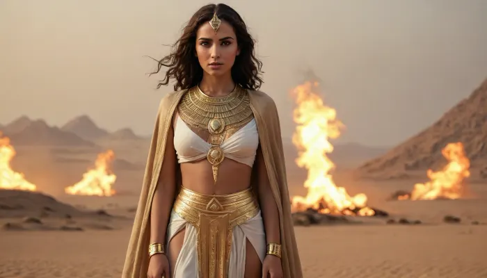 egyptian women praist in ancient robe, gold lingery in deep desert, fire storm on horizont