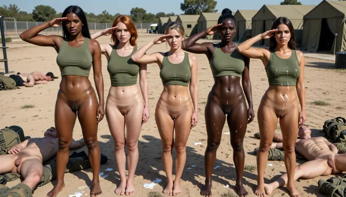 (masterpiece, best quality:1.3), photorealistic, 8k, ultra-detailed, five diverse female soldiers standing in a perfect straight line at attention outside a dusty military training field, only wearing matching olive green tank top shirts, shirts cover breasts and bellies, lower half completely nude, bushy pussies, (tight-fitting shirts to reveal hourglass curves narrow waists), barefoot, all five rendering a simultaneous sharp salute with perfect synchrony, feet together, rigid upright posture, military bearing. they are all dripping cum from their pussies, cums splattered all about their bodies and shirts, stains of cum Soldier 1, tall athletic brunette with green eyes, olive skin, muscular thighs.
Soldier 2, medium-height curvy redhead with fair skin, freckles, wide hips, blue eyes.
Soldier 3, petite blonde with honey skin, athletic hourglass figure, hazel eyes.
Soldier 4, tall black woman with sculpted curves, black hair, tight pony tail, brown eyes, strong shoulders.
Soldier 5, medium-height Latina with long dark hair, light brown-bronze skin, pronounced curves, full lips, brown eyes.

All with stern determined expressions, hand salute, eyes ahead, army tents and obstacle course in background, lots of nude male bodies on the ground, dead bodies, splashes of cum, male bodies with soft cocks, cum on cocks, they all died after being fucked by these women, bird eye view, view from above, diagonal view, drone view, very wide angle shot, Dutch angle, Canon R5 16-35mm, functional tactical gear scattered on the ground, highly detailed skin textures.