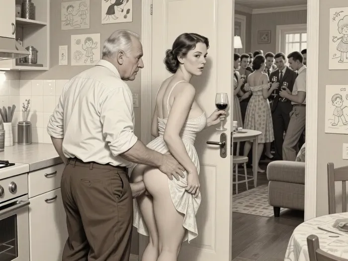 This is is a detailed monochromatic pencil drawing in a classical illustrative style depicts a scene set in Russian, in 1950s, In a modern kitchen softly illuminated by warm lights, walls decorated with children's drawing, modern furniture, 1woman, 1man, cuck
-------
a Obese ugly 90 yo old man in brown trousers and a white cotton shirt has doggystyle sex from behind with the busty tradwife, beautiful curvy mother, beautiful curvy milf, 40 years old, wide hips, (he puts his hard cock between her buttocks:1.5), (analsex:1.4), the curvy horny housewife, beent over, hides behind the kitchen door, while holding a glass of wine in one hand, her body angled so that her back is toward the man, her posture subtly deliberate yet natural, she wears a delicate summer dress, the fabric extremely fine and lightweight, (her free hand lightly lifting the fabric near her ass in a sexy and almost absent minded gesture:1.4), (The couple hides behind the kitchen door from the guests in a party going on in the living room:1.2), in the background through the doorway a dense crowd are dancing and drinking, softly out of focus, they are unaware of the full situation, the composition emphasizing layered perspective, concealment and, (selective visibility between rooms:5), extremely high detail, real world texture fidelity, (faces of the man and the woman in the foreground rendered with exquisite attention to detail), The overall mood is intense, rendered in fine, expressive line work and subtle shading, evoking the style of 1950s satirical or moralistic illustrations.
