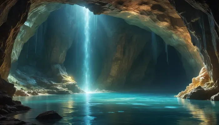 Gorgeous cave. Giant and intricate details. Glistening glowing pools of magical water. Bioluminescent crystals clinging to the cave walls. Garmash. Wlop. Guweiz. Oil paint strokes. Surreal. Outlines. Vivid and surreal crystals and magical water.