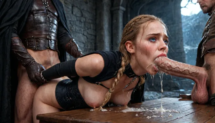 ((Beautiful Sansa Stark from game of thrones:1.32)), ((medium breasts, black sexy suspenders on, black sexy corset, (no panties:1.2), (no underwear:1.2), black cape, long braided blonde hair, sexy black long gloves:1.4)), she stands there confidently, looks seductive, next to her stands a big snow-white wolf from games of thrones, show whole body in the picture, castle, (Realism:1.8), artstation, (epic realism:1.1), (HDR:1.1), intricate details, photorealistic, (the mountain from game of thrones:1.6), her cheeks are tear-stained, crying, running makeup, sweaty skin, 1.3, ((analrape spitroast)), ((large cock in mouth:1.12)), (cum explosion from mouth:1.125), shocked, deep anal penetration, (man is choking her from behind:1.2), cinematic_lighting, blush, ((gangbang_rape, doubleanal_rape, arms_behind_head, nsfw:1.24)), ((hogtied, bound with large chains, tied to a torture table:1.3)), cock in mouth, (brutal face fuck), Blowjob, (tears in eyes:1.5), (running makeup), (excessive cum), 1.4, (cum on face), (cum on body), (Cum in hair), 1.3photorealistic cum, thin runny cum, thick chunky cum bukkake, unwanted bukkake, 4boys, 5boys, 6+boys, multiple black men, Transparent Liquid, gangbang, orgy, penis, cum, cumbath, black_dicks_everywhere, drooling cum, multiple black cock cumming on face, drenched in cum, 10 black cocks surrounding face, 10 massive black cocks, 10 equine cocks, pony cocks, ((Interracial)), (4 gigantic black dressed in slave clothes:1.5), (ugly, terrifying, (ogre), male), (rear side view:1.3), (size difference:1.8), (irrumatio:1.9), Photoreal, (medieval torture Setting), contrasting shadows, bright light patches, light caustics, bright neon lights, wet ground, ultimate realistic 3d rendering perfection, cinematic photography, cinematic lightning, professional depth of field, 3-point lightning, sharp eye focus, (full frontal), night time, (volumetric lighting), professional photographer shot on kodak, 35mm photo, sharp focus, high budget, cinemascope, 100 mm lens, 1/250 s, f/2.8, ISO 300, (high view:1.15), (deep deepthroat:1.6), (gigantic massive thick veiny cock:1.8), chocked expression, open mouth ring gag, (mouth stretched around thick cock:1.3), hand on head, blowjob, (deepthroat:1.6), choaking on dick, drooling, ((crying:1.7)), excessive drooling, in eye, (cum drips from nose:1.6), (cum drips from mouth:1.8), (cum spurts from nose:1.3), (cum spurts from mouth:1.3), (cum dripping on cleavage:1.1), bounce lines, large cock, large balls, throat bulge, view from above and slightly from the side, huge_werewolf_dicks_everywhere, multiple werewolf cock cumming on face, 10 werewolf cocks surrounding face, 10 massive werewolf cocks, 10 werewolf cocks, werewolf pony cocks, (very low view:1.21), night, red moon, (thick tears:1.8), ((desperate expression)), <lora:sansa stark SDXL - sns woman:2>, <lora:EdobWerewolf_XL_v1.0:2>, <lora:detailed_notrigger:2>, <lora:LCMTurboMix_Euler_A_fix:2>, <lora:photorealistic_portrait_notrigger:2>