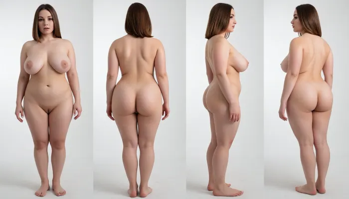 stunningly beautiful 32 years woman, fully naked, standing with arms by her sides, (extremely big natural tits:1.8), (((voluptuous))), (((chubby))), neutral expression, photorealistic turnaround character sheet, four separate views, front view, back view, profile side view, three quarter view, formal studio lighting, shot against a seamless solid plain white studio backdrop, sharp focus