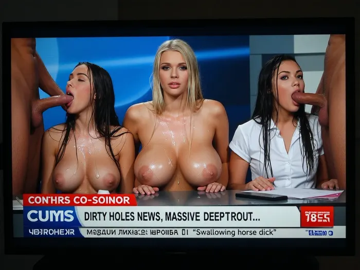 TV screen, news show, two sexy girls, one Ukrainian blonde sensuous female news anchor behind desk, two Japanese student female news anchor behind desk, wet hair, wet skin, cum on face, cum on breasts, revealing giant naked boobs, news ticker, 18 yo., co-anchor, Cum news, "Dirty holes news, massive deepthroat...", "Swallowing horse dick" "15 may". Мужчины без штанов стоят рядом с девушками. Большие член в кадре справа и слева трахают девушек в рот., (deepthroat)