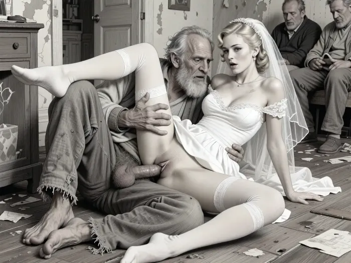 This is a detailed monochromatic pencil drawing in a classical illustrative style depicts a scene set in 1950s, Rough, hardcore sex in an abandoned house. very old homeless man fucks a A 20 years old bride missionary style, lying on the dirty floor. The homeless man's penis is inside the bride's pussy. A 20 years old blonde bride, wears an elegant white wedding dress, The wedding veil on her head, . Her shoulders are relaxed, her chin is slightly raised. elegant white wedding dress hiked up to her waist. White stockings with garters. Her beautiful, firm breasts are visible. A very old homeless man, (90 years old), a very decrepit old man, is having sex with her. They rough grabs her tits.His clothes are worn and layered, rough fabrics, faded colors, frayed edges, visible signs of aging and texture., (His pants are pulled down, cock and hairy scrotum are visible:1.4), . He is having sex with a woman, penetrating her hairy vagina with his penis. Sex, vaginal penetration, missionary position, woman lying on the floor. Female orgasm. Other homeless old men are sitting and watching them masturbating, Group sex.The overall mood is intense, rendered in fine, expressive line work and subtle shading, evoking the style of 1950s satirical or moralistic illustrations.