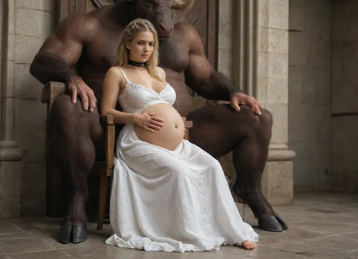 huge minotaur sits on a throne, (huge minotaur:1.5), minotaur bigger than woman, Skinny 25 year old Russian woman with very large pregnancy breasts and long wavy dirty blonde hair wearing a white medieval dress, She sits at his feet with her hands on her swollen pregnant belly, She is wearing a bondage collar and is chained to a pole, variable view, side angle, variable shot, she has a blank expression