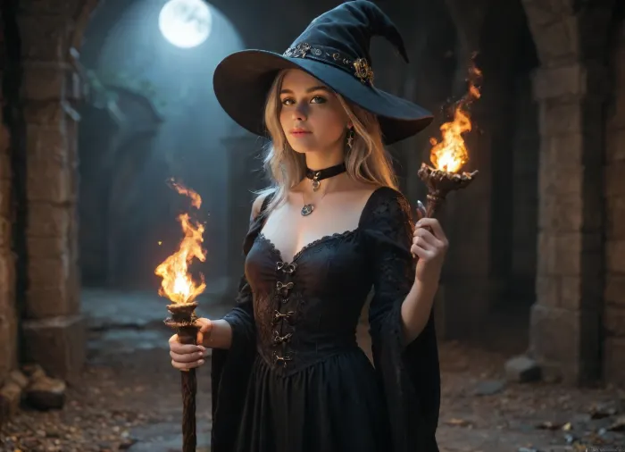 A highly realistic and detailed digital painting of a beautiful witch in a black leather dress with intricate lace-up details. She wears a large, bent witch's hat with a silver buckle. Her piercing eyes and long, wavy silver hair give her an enchanting look. She holds a mystical staff with a twisted wooden design and a glowing star-shaped ornament at the top. Her accessories include a black choker with a crescent moon pendant and matching star-shaped earrings. The background is a dark, dungeon, creating a magical and mysterious atmosphere. Ultra-detailed, cinematic lighting, dark fantasy style, bright, blue, <lora:bright_blue_eyes:.8>, Rainbowiridal, Spiral, rainbowiridal, eyes, palette, Shiny..., Bright..., Intense, gaze, Fire, dragon, Amber, cat, Anthro..., woman, Genetically, modified..., <lora:Stunning_eyes_2:.8>