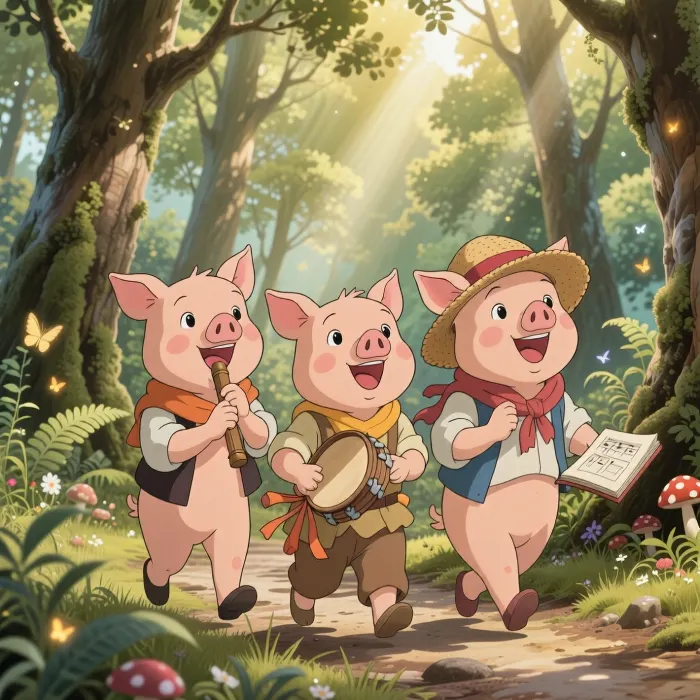 A clear, sunny day in an enchanted forest, with three cheerful little piglets, Nif-Nif, Nuf-Nuf, and Naf-Naf. With joyful expressions, they walk along the path, playing the flute and the drum, and singing a cheerful song at the top of their lungs.
A 2D anime illustration in the style of Studio Ghibli animations.