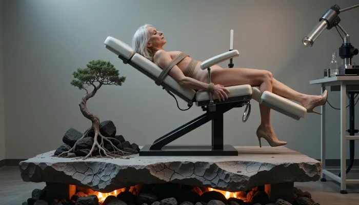 woman of 70 years old nude business woman lays bondaged on gyno chair ready for sexual experiments of mad scientist in lab, high heels, fuck machine

minimalist fine art photography, a weathered concrete slab with a cracked, organic edge, a lone delicate bonsai tree growing from a rugged pile of dark volcanic rocks at the base, roots intertwining with the stone, glowing warm ember light at the bottom, soft atmospheric grey background, dramatic chiaroscuro lighting, sharp focus, hyper-realistic, intricate textures, cinematic composition, 8k resolution, serene and contemplative mood, masterwork, minimalist aesthetic. View from 3/4