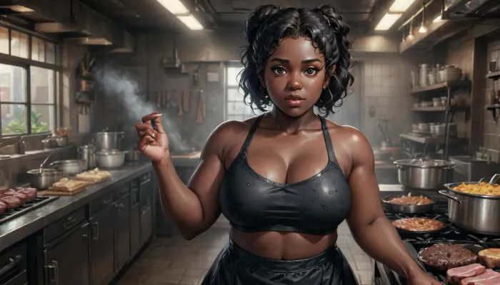 Female chef with black curly hair, dark skinned, black skin, chubby, wearing skirt and very wet top, beautiful eyes, symmetrical pupils, standing in a restaurant kitchen, cooking meat, right hands, right fingers hands, GiganticBreatsXL, giant, breasts, huge, (crop, top:1), (black skin:1.8), (chubby:1.4), black micro-short, futuristic-fantasy-anime, <lora:futureistic_fantasy_anime_sdxl_v1:.5>