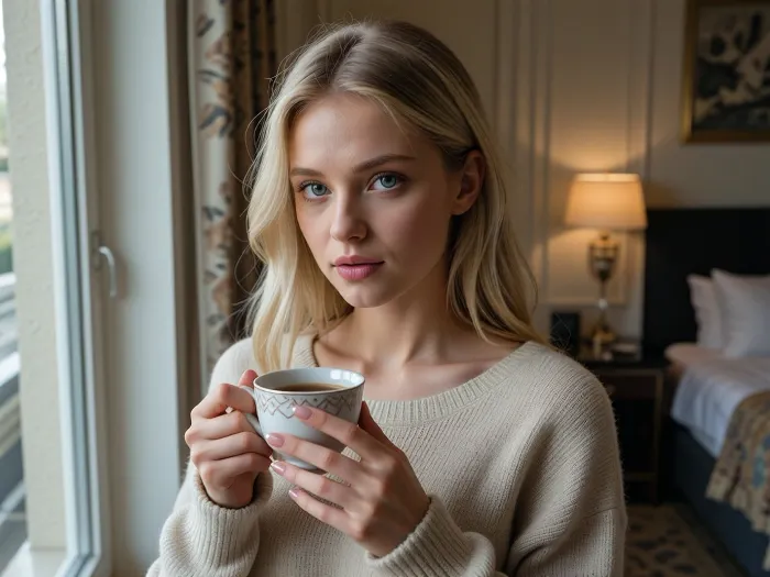 A cinematic, realistic portrait of a stunning blonde woman with delicate Slavic features and expressive eyes. She is standing by the window inside a hotel room. Her hands gracefully hold a porcelain coffee cup. She is wearing a cozy, loose-fitting cashmere sweater, natural, soft morning light and the warm glow of a table lamp on the nightstand, the atmospheric, mood-setting hotel room interior is slightly blurred in the background. Cinematic composition, depth of field, photorealism—a masterpiece