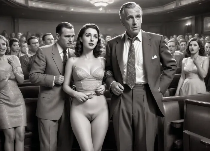 This is a detailed monochromatic pencil drawing in a classical illustrative style depicts a scene set in in the movie theater in the 1950s.2 old men and 1woman are сидят на сиденьях кинотеатра with the girl in the middle, woman strokes both old men for double handjobs, woman is wearing a 1950s dress and Her dress is slightly pulled up, she is wearing brown stockings but no panties, no shoes. her genitals are slightly visible, Her knees are spread. both old men are casually dressed with open trousers and errected dicks, with brown hair, men are looking sexually aroused and lustful, sweaty, candid amateur picture, man is fully visible, men are looking into camera, . The overall style is a black and white pencil drawing, capturing a candid moment. The scene has a formal, organized atmosphere. The overall mood is intense, rendered in fine, expressive line work and subtle shading, evoking the style of 1950s satirical or moralistic illustrations., skirtlift, <lora:skirtlift_xl:1.5>
