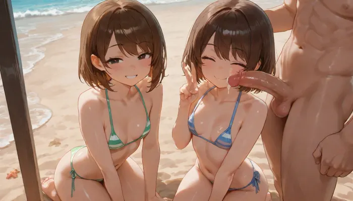 Chara from undertale, 20 years old, Chara is wearing small sexy bikini, (her bikini is coloured in neon green colour with single horizontal cream stripe), Chara has cream skin, brown medium-length hair with side-swept bangs, and rosy cheeks, (black eyes), (red round pupils), Smile, Demonic smile, small body, flat boobs, small ass, Frisk from undertale, ((Frisk's face stoic expression)), (Friks's eyes), ((Frisk closed eyes)), Frisk is wearing small sexy bikini, (her bikini is coloured in light blue colour with two magenta stripes), (Frisk's bare feet), beach, (beatiful sundawn), Frisk and Chara are kneeling down, Frisk and Chara are near eachother, Completely nude male anon, (Shaved penis), (male anon Face is not visible in the frame), (this male anon have abs), male anon is standing in the centre, (Male anon is standing between Frisk and Chara), Frisk and Chara are showing peace signs with their hands, masterpiece, professional image, very detailed image, 4K image