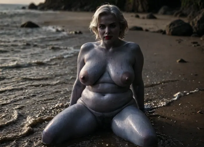 Ursula form disney little mermaid, purple skin, blue skin, cool purple complexion, wet pussy, red lips, highly detailed skin, oiled body, wet body, obese, on beach, ugly milf, (angry face), short hair, white hair, saggy tits, breasts sagging to sides, big nipples, (veiny tits), body hair, (hairy belly), happy trail, hairy pussy, hairy armpits, aroused, very hairy, <lora:LCMTurboMix_Euler_A_fix:.8>, <lora:dark:1.1>