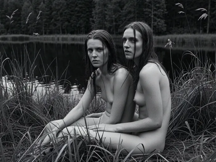 fine art black and white photography, Scandinavian documentary aesthetic, Anders Petersen or Mikael Jansson, large format film, Ilford HP5 pushed one stop, deep rich blacks, luminous skin tones, heavy grain.

Two 30 year old women sitting together in long wild grass by a still dark pond, wet hair, expressions serious and interior, not performing for the camera.

Dense reeds and wildflowers pressing in around them, the dark pond reflecting the treeline behind, overcast northern light, flat and even, no harsh shadows, the landscape close and slightly oppressive, shot at their level, intimate and direct