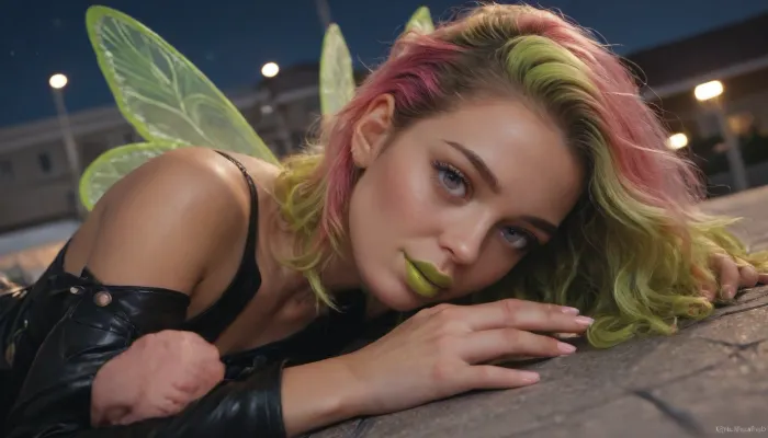 lean, v-abs, (long wavy lime colored hair:1.3), (glimming pink colored eyes:1.3), (dark green colored lips:1.3), sunkiss tan skin, large etheral transluscent butterfly wings, skimpy leather catsuit, rooftop party, night, stars, laying sideway, close face view, solo