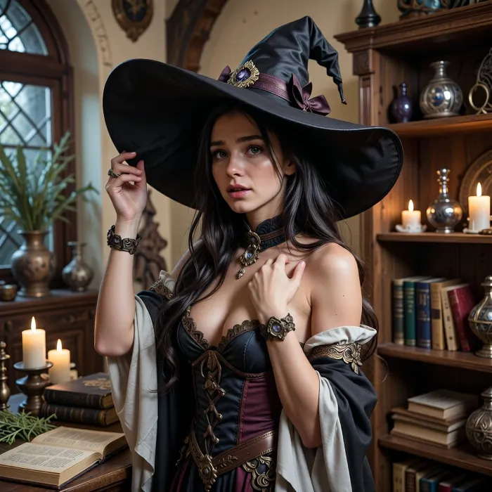 A cinematic, photorealistic fantasy scene of a beautiful young witch standing in a cozy magical atelier, trying on an oversized dramatic witch hat. She is in her late twenties, with expressive eyes, long dark hair, and an uncertain expression, as if asking, “Does the hat look good on me?” The witch hat is large, elegant, slightly crooked, and too extravagant. She lightly adjusts the brim with one hand while looking out of frame as if asking for approval. She wears sensual fantasy clothing, stylish but suggestive, suitable for a seductive witch. The room around her contains spellbooks, candles, herbs, wooden shelves, and magical objects, but the main focus remains on her and the hat. The mood is charming, warm, whimsical, and character-driven. Realistic ultra detailed anatomy, realistic ultra detailed hands, believable ultra detailed fabric, soft atmospheric lighting, detailed fantasy interior, high detail.